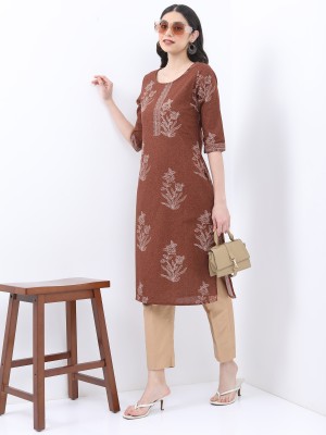 Vishudh Women Printed Straight Kurta(Brown, White)