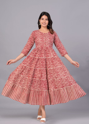 Kirnya Women Printed Gown Kurta(Maroon)