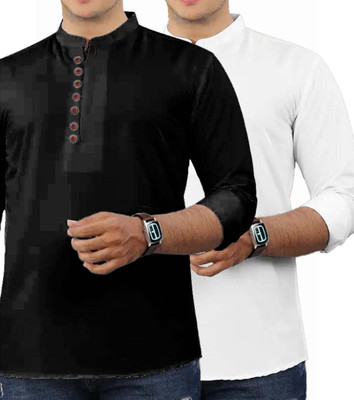 GOD HEART Men Solid Straight Kurta(White, Black)
