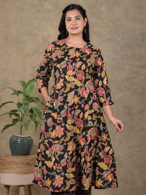 Aramya Women Floral Print A-line Kurta(Black)