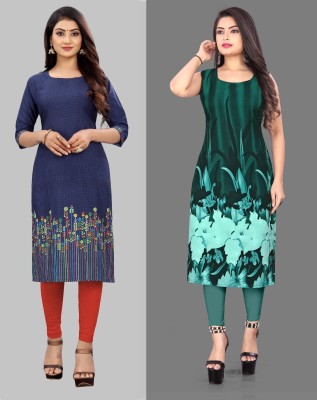 maruti fab Women Floral Print Straight Kurta(Dark Blue, Green)