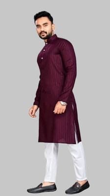 HouseOfCommon Men Striped A-line Kurta(Maroon)