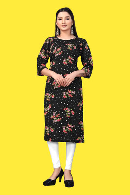 FABTOWN Women Printed Flared Kurta(Black)