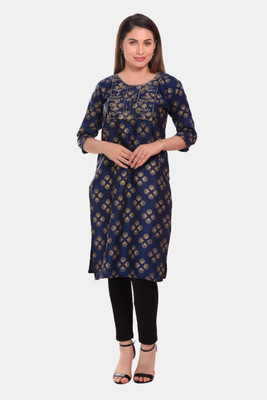 kritya Women Geometric Print Straight Kurta(Blue)