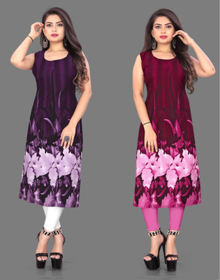 Hiral Creation Women Floral Print Straight Kurta(Purple, Pink)