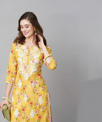 RATAN Women Chikan Embroidery Straight Kurta(Yellow)