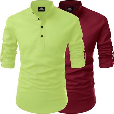 Fashion Marts Men Solid Straight Kurta(Light Green, Maroon)