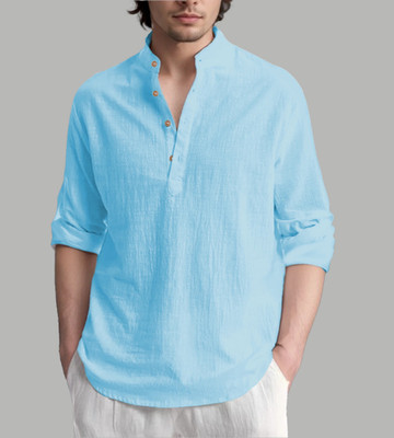 HOC's Men Self Design Straight Kurta(Light Blue)