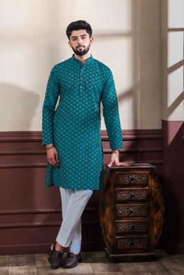 Koshin Men Printed Straight Kurta(Dark Blue)