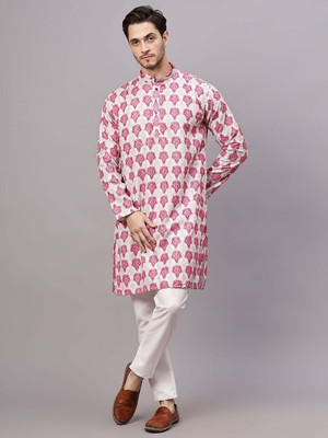 FireFish Men Self Design A-line Kurta(Pink)