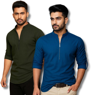 COTTONCHHAP Men Solid Straight Kurta(Green, Dark Blue)