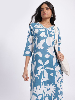 Anouk Rustic Women Floral Print Straight Kurta(Blue)