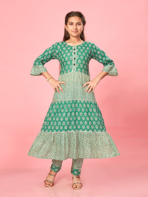 Aarika Girls Floral Print Anarkali Kurta(Dark Green)