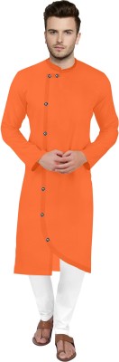 HouseOfCommon Men Solid Asymmetric Kurta(Orange)