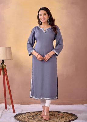 RK ROSHNI GF Women Applique A-line Kurta(Grey)