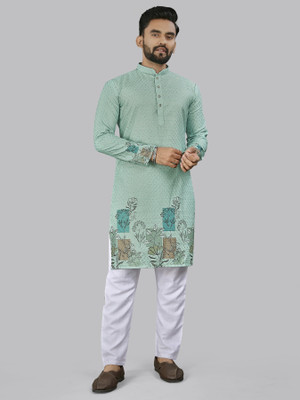 LeipZig Men Geometric Print Straight Kurta(Blue)