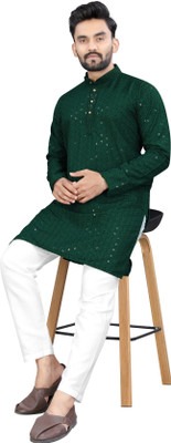 Shree Dutt Creation Men Embellished Straight Kurta(Dark Green)