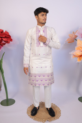 House Of Sanskruti Men Woven Design Straight Kurta(White)