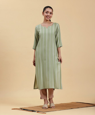 LIBAS Women Striped Flared Kurta(Green)
