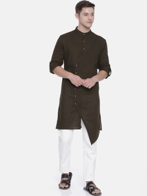 Freehand Men Solid Trail Cut Kurta(Brown)