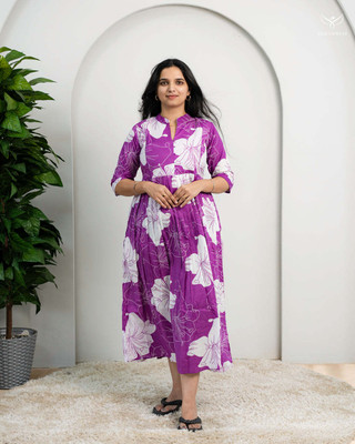 GIRYA Women Floral Print Anarkali Kurta(Purple, White)