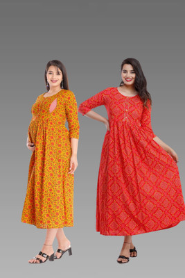 Damsel Women Printed Anarkali Kurta(Red, Yellow)