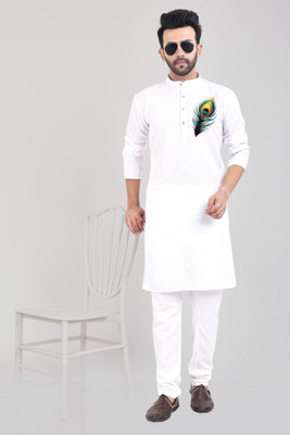 nightron Men Self Design Straight Kurta(White)