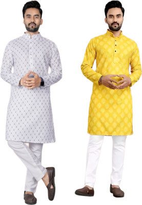 DHASU TRENDZ Men Printed Straight Kurta(White, Yellow)