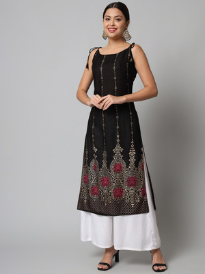 HARSUKHI Women Floral Print Straight Kurta(Black)