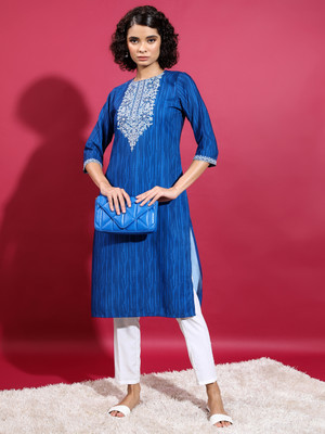 Vishudh Women Printed Straight Kurta(Blue)