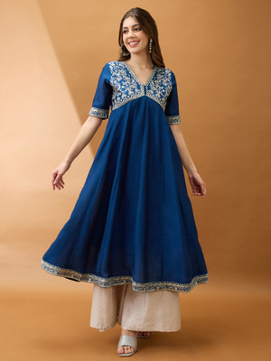 Globus Women Embroidered A-line Kurta(Blue)