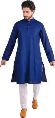 DRESSED UP DIVAS Men Self Design Straight Kurta(Dark Blue)