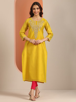 LIBAS Women Embroidered Straight Kurta(Yellow)