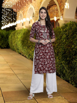 1 Stop Fashion Women Printed Straight Kurta(Purple)