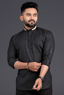 SPOQUE Men Solid Straight Kurta(Black)