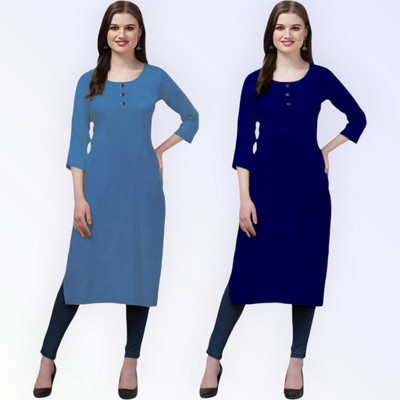 Coft Women Solid Straight Kurta(Black, Light Blue)