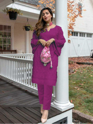 ZAZADIYA IMPEX Women Chikan Embroidery Straight Kurta(Purple)