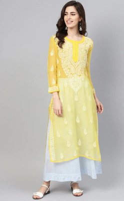 CHIKANKARI BY KK Women Chikan Embroidery Straight Kurta(Yellow)