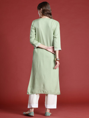 Indo Era Women Embroidered Straight Kurta(Green)