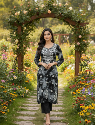 Shibra creation Women Dyed/Ombre, Embroidered A-line Kurta(Black)