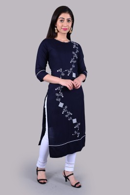 PILUDI Women Embroidered Straight Kurta(Dark Blue)