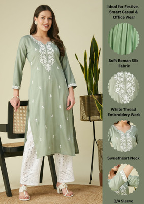 Rensa Women Embroidered Straight Kurta(Light Green)