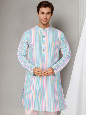 ANOUK Men Striped Straight Kurta(Blue)