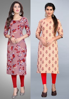 Hiral Creation Women Striped, Printed Straight Kurta(Red, Pink)