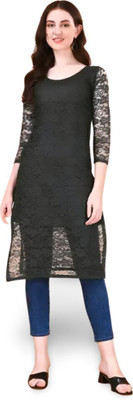 HOC's Women Self Design Straight Kurta(Black)