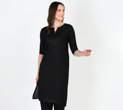 Anvi creation Women Embroidered Straight Kurta(Black)