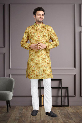 Nirwear Men Printed Straight Kurta(Yellow)