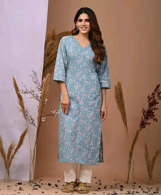 Bairaj Women Floral Print Straight Kurta(Light Blue)