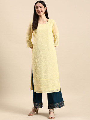 ANOUK Women Floral Print Straight Kurta(Yellow)