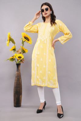 Savi Chikankari Art Women Chikan Embroidery Straight Kurta(Yellow)
